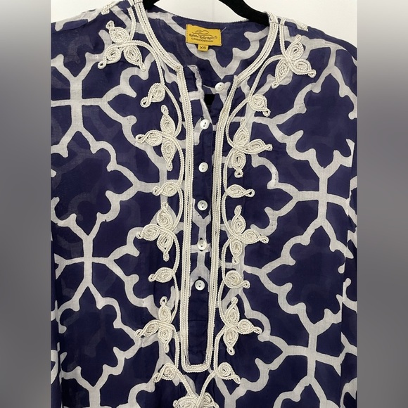 Roller Rabbit Long Blue Meena Kurta Monaco Pool Dress Size XS 100% Cotton 22 - Picture 4 of 11